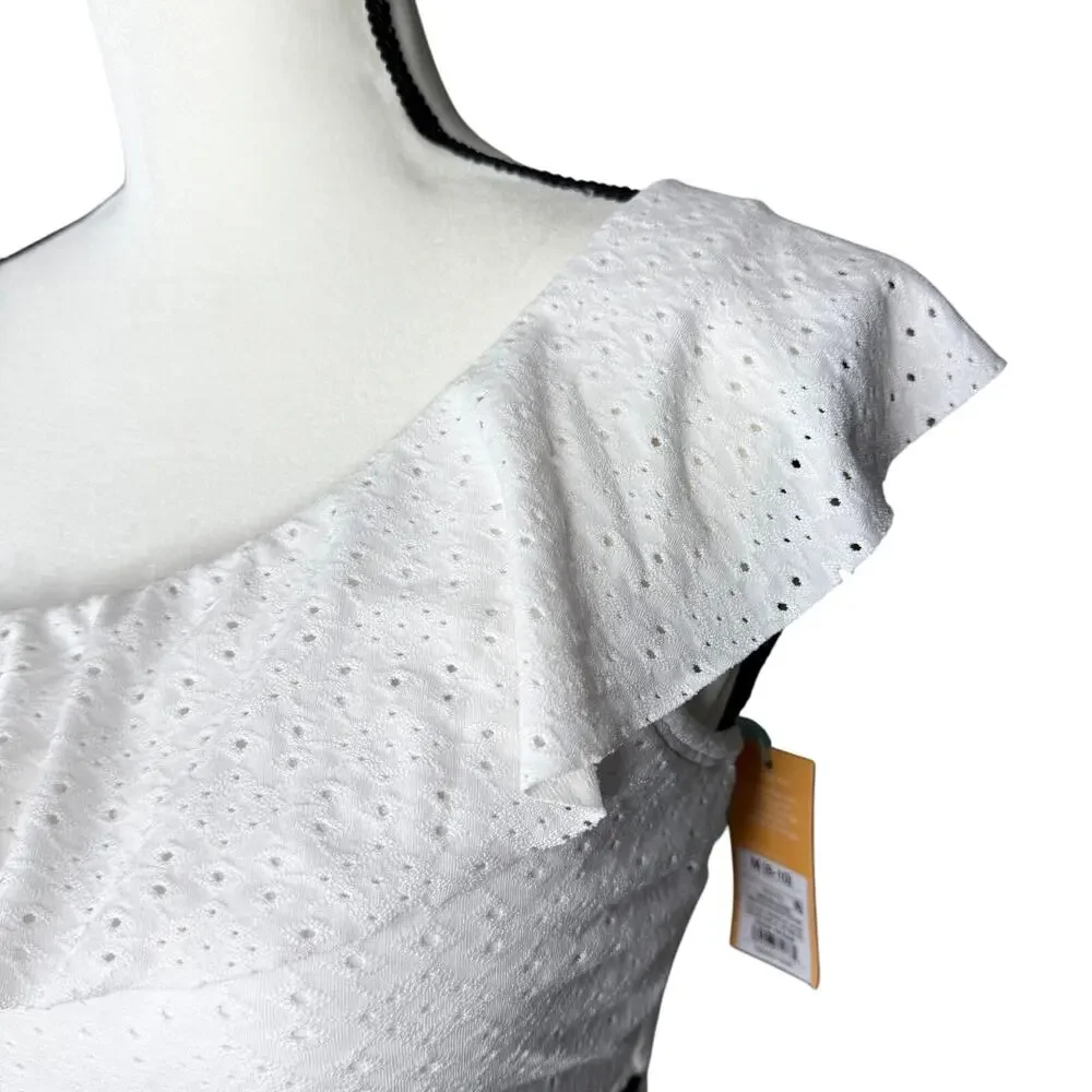 Kona Sol Target One Shoulder Ruffle Eyelet Bikini Top Padded Size Medium White